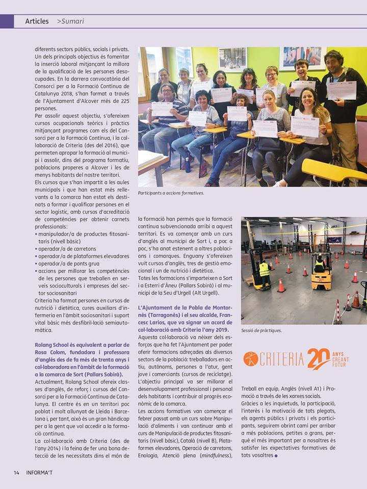 La revista ‘Informa’t’ es fa ressò de l’acord de col·laboració en cursos de formació entre Criteria i l’Ajuntament de la Pobla de Montornès