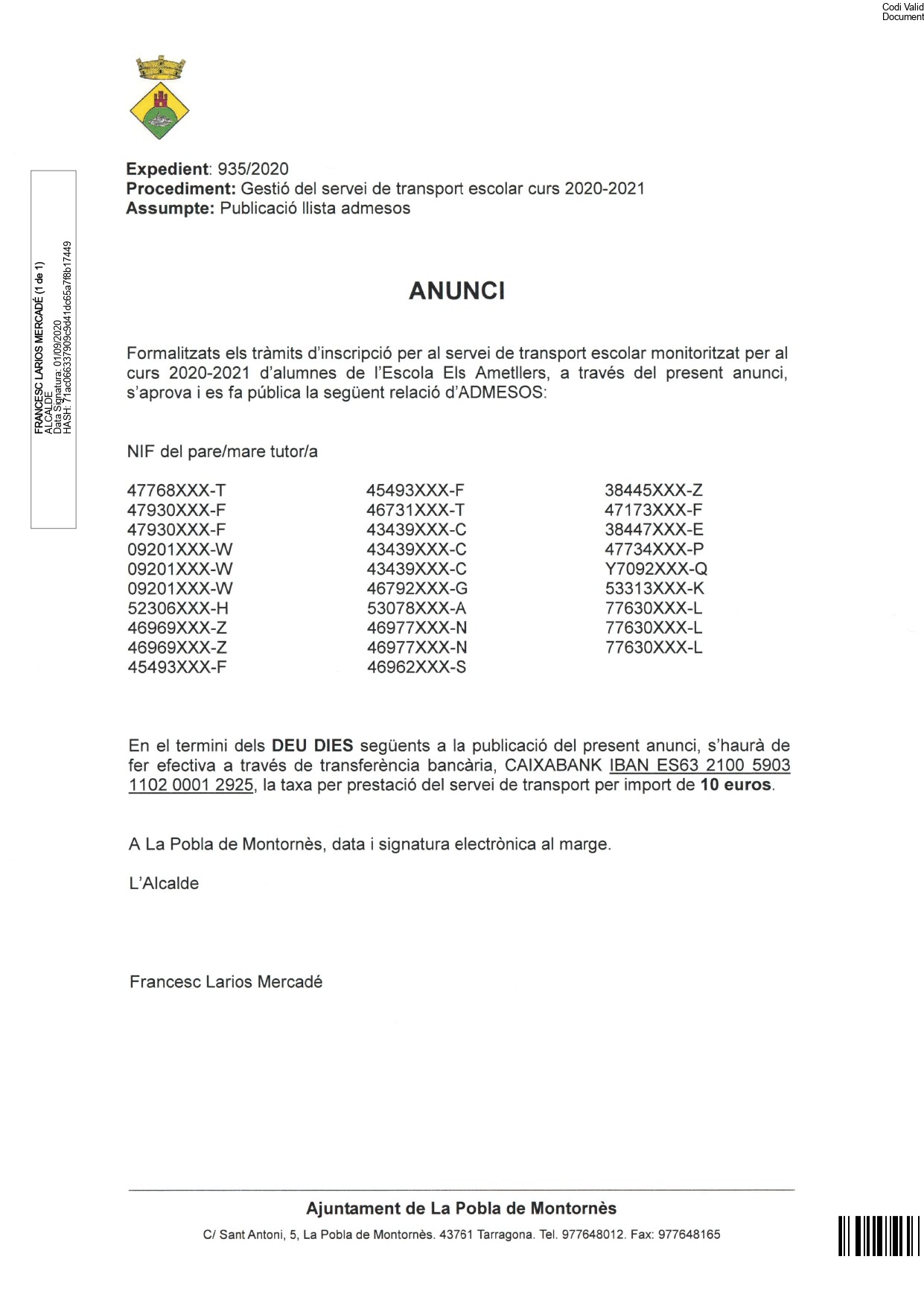 Llistat d’admesos del transport escolar el curs 2020-2021