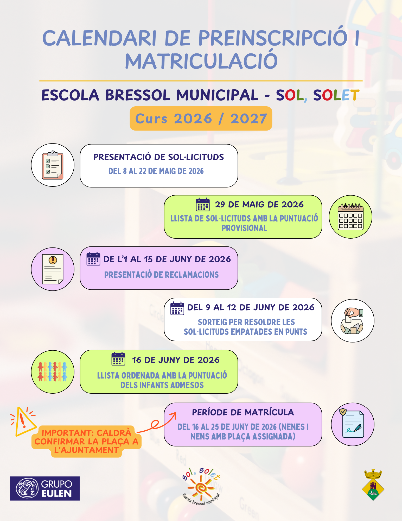 Escola Bressol Municipal Sol, Solet – Calendari de Preinscripció i matriculació, curs 2026/2027