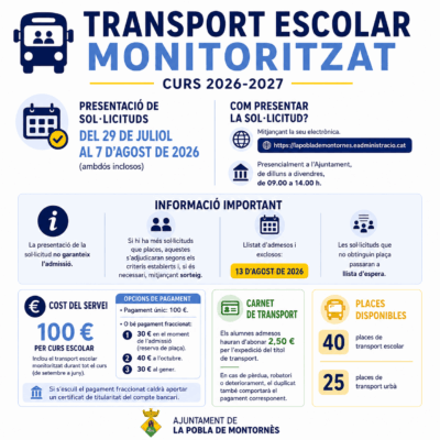 Obert el termini de sol·licituds per al servei de transport escolar monitoritzat del curs 2026-2027